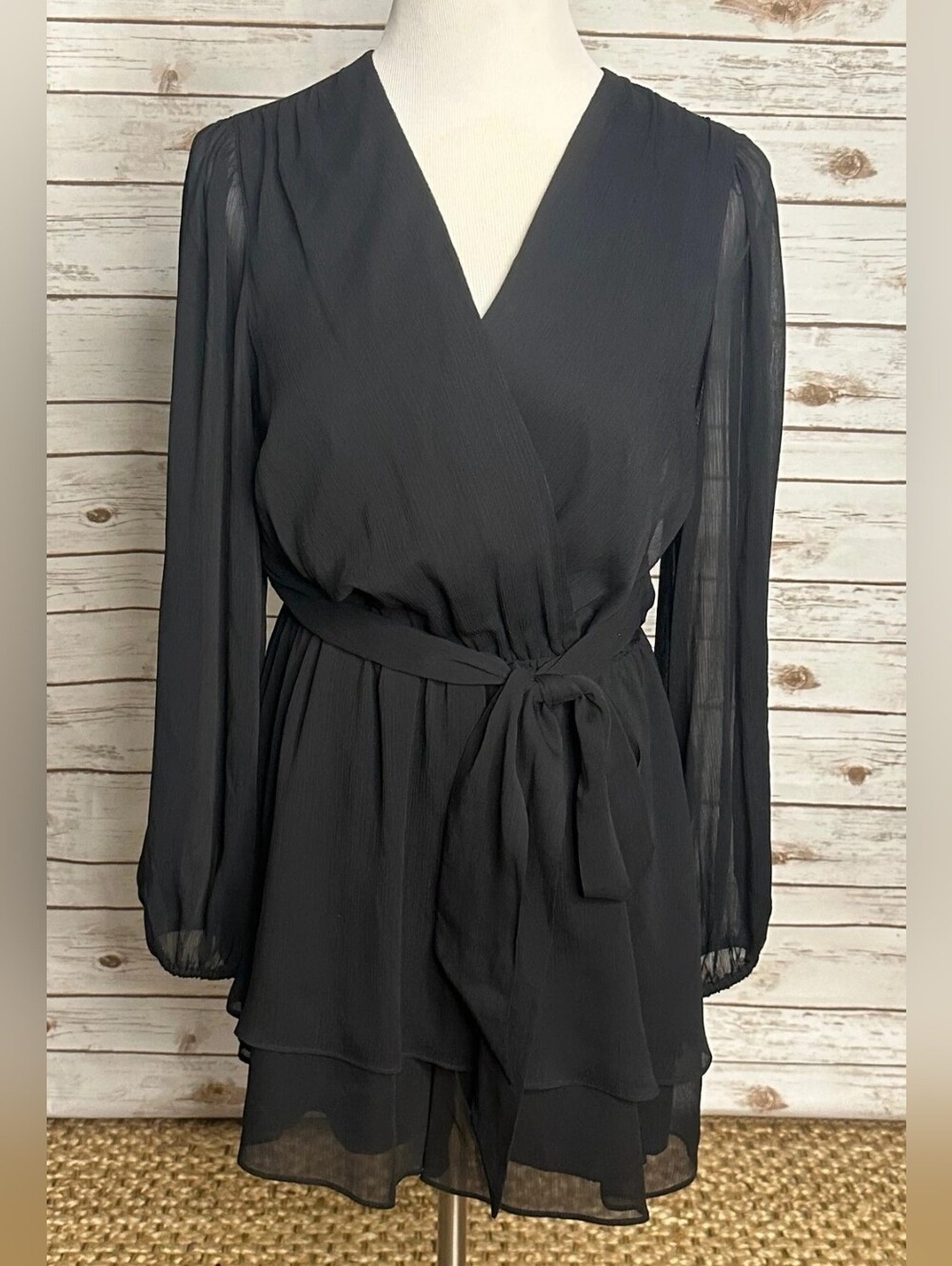 Black Sheer Long Sleeve Wrap Dress